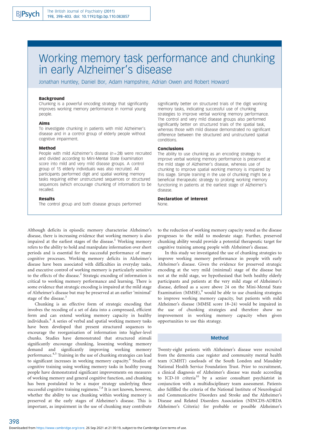 Working Memory Task Performance and Chunking in Early Alzheimer’S Disease Jonathan Huntley, Daniel Bor, Adam Hampshire, Adrian Owen and Robert Howard