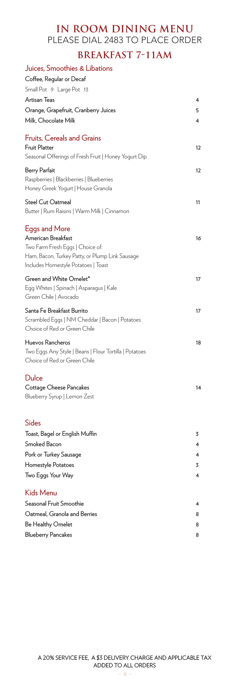 In Room Dining Menu