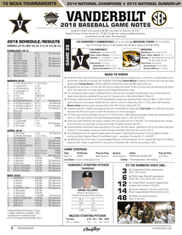 2018 BASEBALL GAME NOTES Vanderbilt Athletic Communications H 2601 Jess Neely Dr