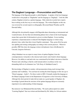 The Dagbani Language -- Pronunciation and Fonts the Language of the Dagomba People Is Called Dagbani