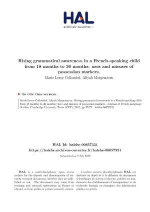 Rising Grammatical Awareness in a French-Speaking Child from 18 Months to 36 Months: Uses and Misuses of Possession Markers. Marie Leroy-Collombel, Aliyah Morgenstern