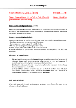 Spreadsheet: Libreoffice Calc (Part-1) Date: 13-05-20 [Elements of Spreadsheet]