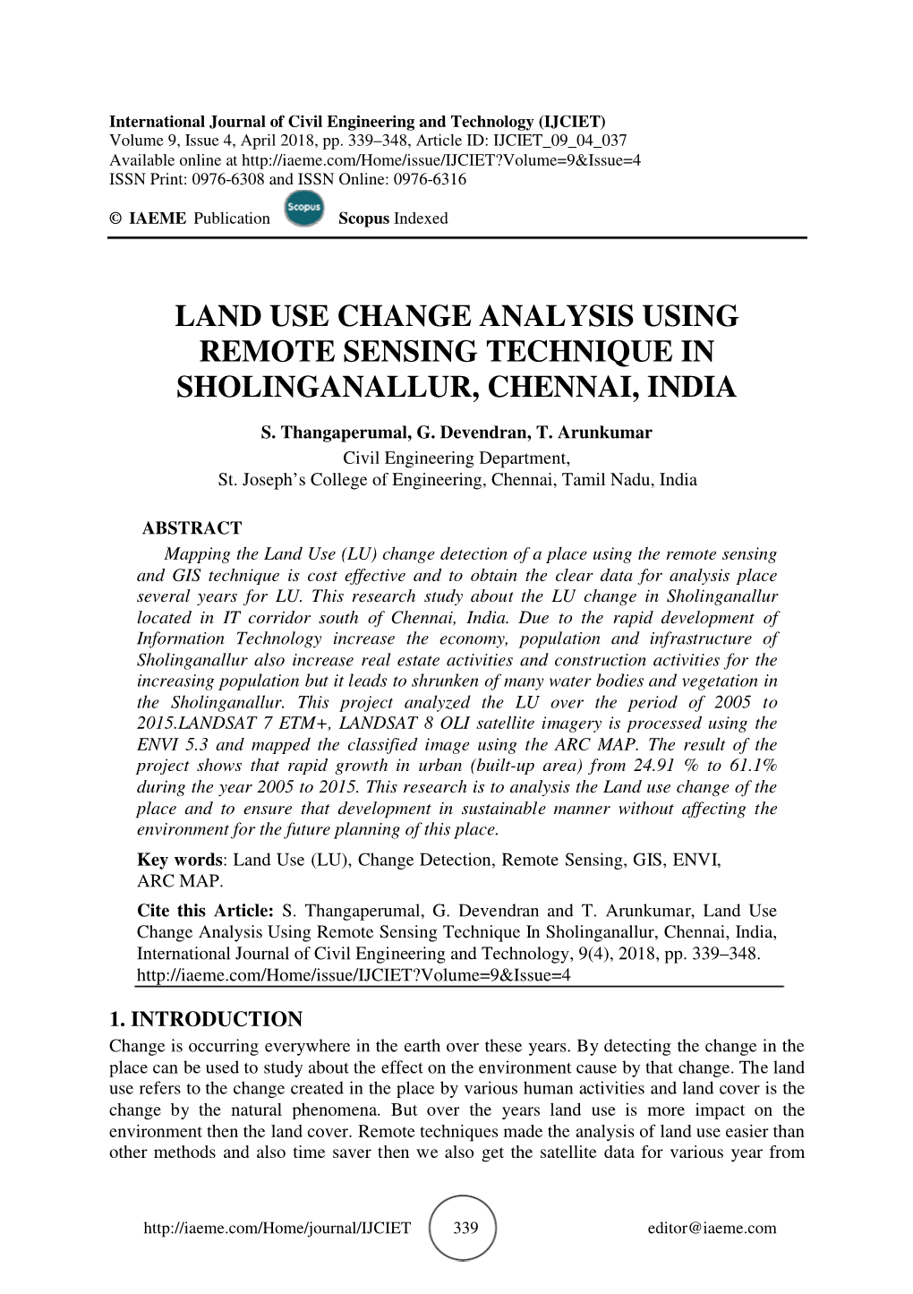 Land Use Change Analysis Using Remote Sensing Technique in Sholinganallur, Chennai, India