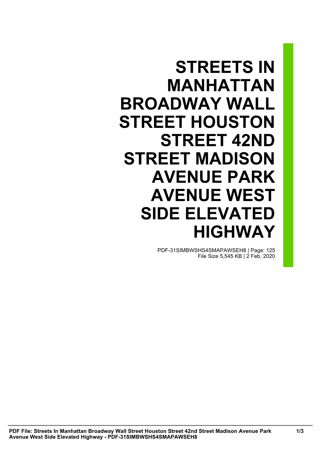 Streets in Manhattan Broadway Wall Street Houston Street 42Nd Street Madison Avenue Park Avenue West Side Elevated Highway