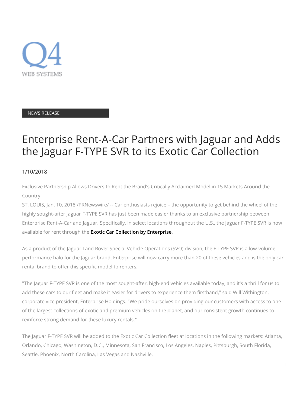 Enterprise Rent-A-Car Partners with Jaguar and Adds the Jaguar F-TYPE SVR to Its Exotic Car Collection