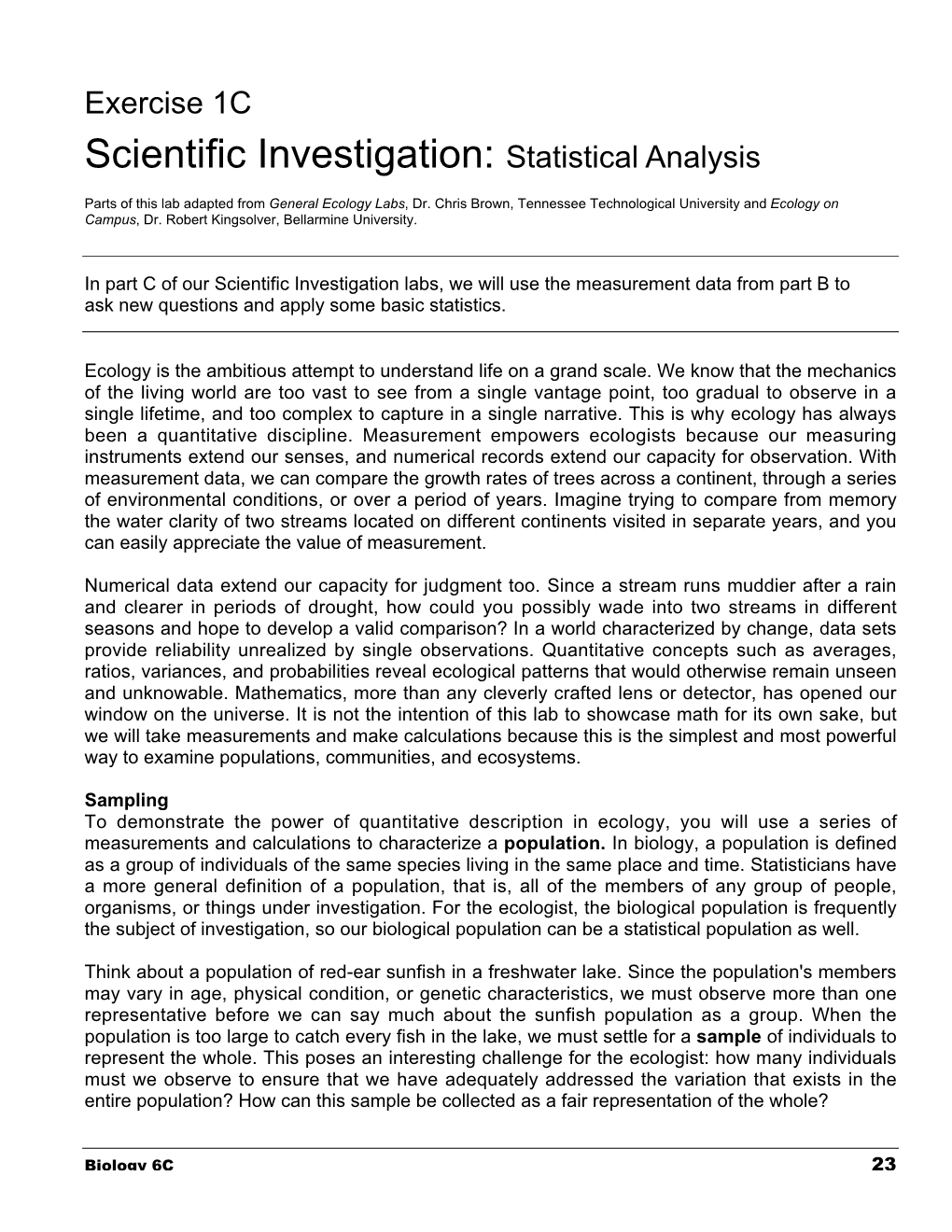 Exercise 1C Scientific Investigation: Statistical Analysis