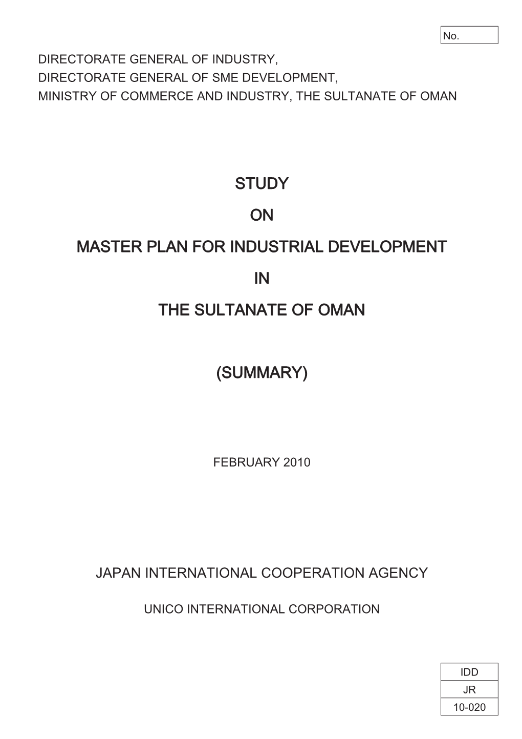 Study on Master Plan for Industrial Development in the Sultanate of Oman