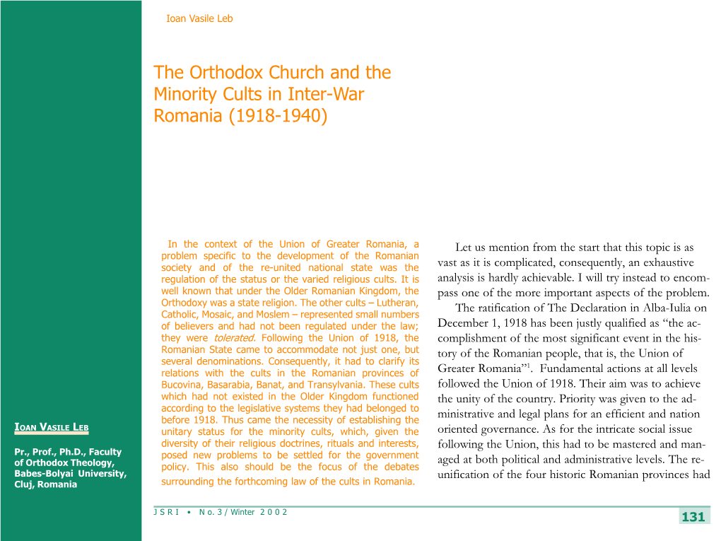 The Orthodox Church and the Minority Cults in Inter-War Romania (1918-1940)