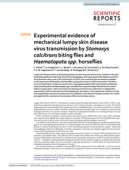 Experimental Evidence of Mechanical Lumpy Skin Disease Virus Transmission by Stomoxys Calcitrans Biting Fies and Haematopota Spp