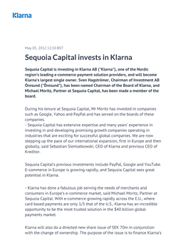 Sequoia Capital Invests in Klarna