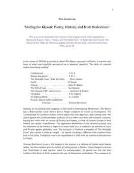 'Muting the Klaxon: Poetry, History, and Irish Modernism'1