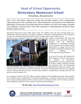 Head of School Opportunity Shrewsbury Montessori School Shrewsbury, Massachusetts