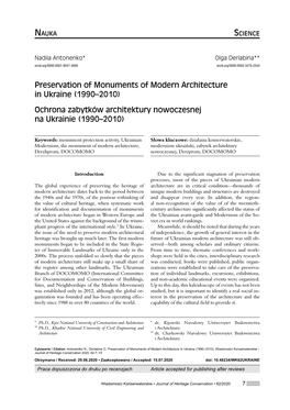 Preservation of Monuments of Modern Architecture in Ukraine (1990–2010) Ochrona Zabytków Architektury Nowoczesnej Na Ukrainie (1990–2010)