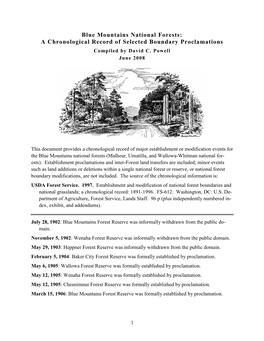 Blue Mountains National Forests: a Chronological Record of Selected Boundary Proclamations Compiled by David C