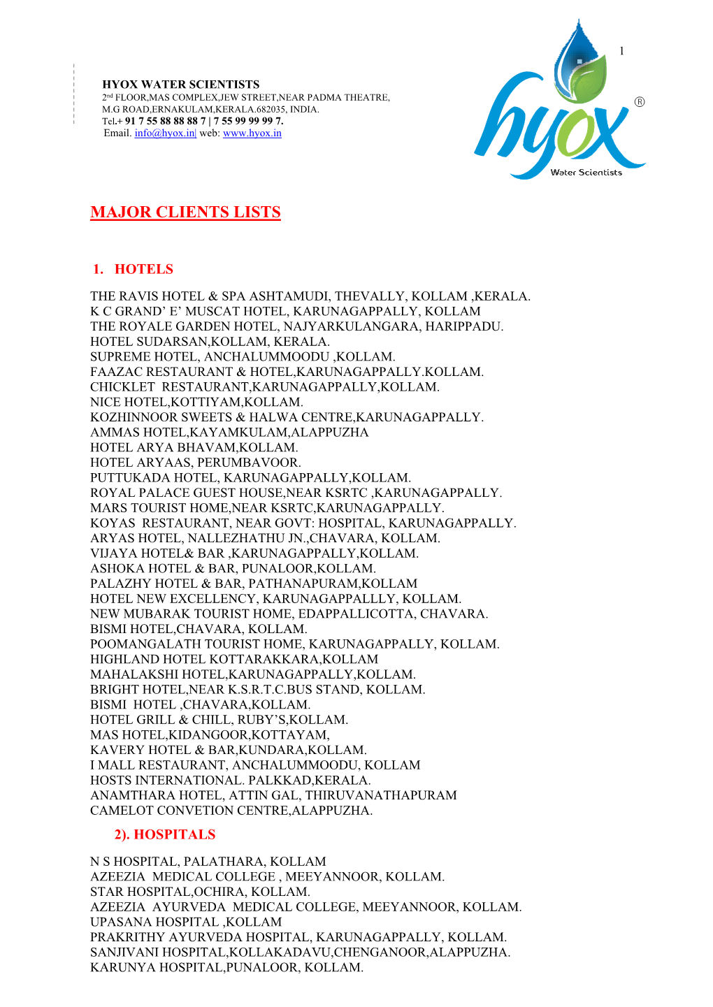 Major Clients Lists