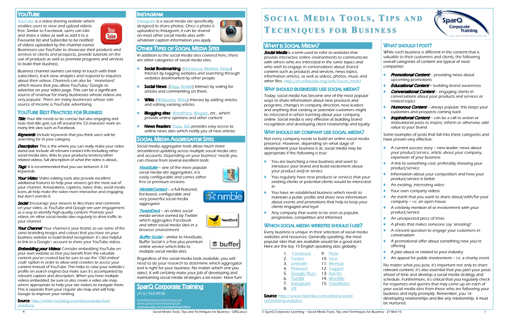 Social Media Tools, Tips and Techniques for Business - QRG.Docx © Sparq Corporate Learning – Social Media Tools, Tips and Techniques for Business - 21-Mar-15 1