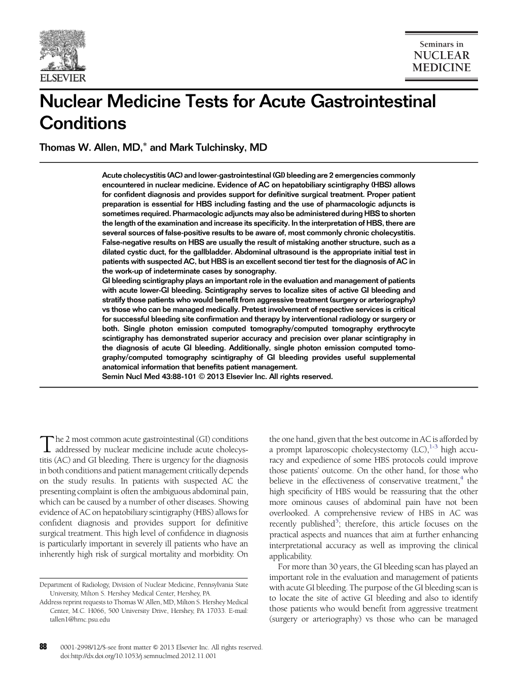 Nuclear Medicine Tests for Acute Gastrointestinal Conditions Thomas W