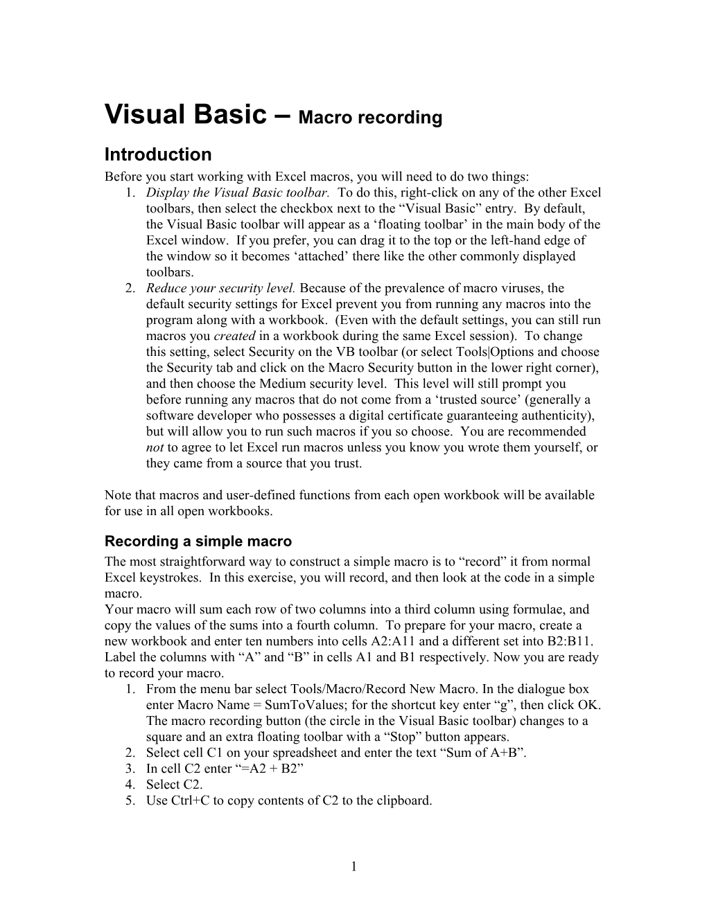 Visual Basic Macro Recording