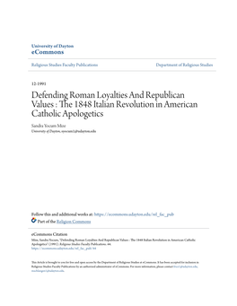 The 1848 Italian Revolution in American Catholic Apologetics