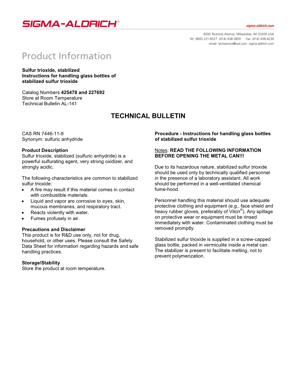 Sulfur Trioxide, Stabilized Instructions for Handling Glass Bottles of Stabilized Sulfur Trioxide