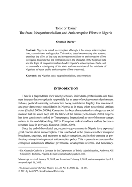 The State, Neopatrimonialism, and Anticorruption Efforts in Nigeria