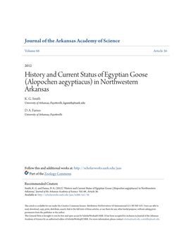 Alopochen Aegyptiacus) in Northwestern Arkansas K