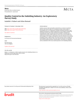 Quality Control in the Subtitling Industry: an Exploratory Survey Study Isabelle S