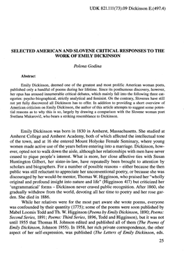 Selected American and Slovene Critical Responses to the Work of Emily Dickinson