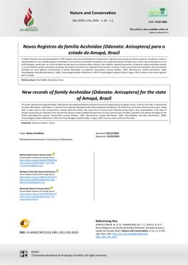 Novos Registros Da Família Aeshnidae (Odonata: Anisoptera) Para O Estado Do Amapá, Brasil