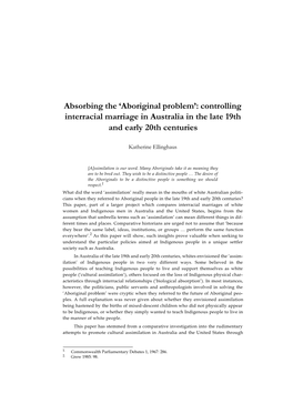 Aboriginal Problem’: Controlling Interracial Marriage in Australia in the Late 19Th and Early 20Th Centuries