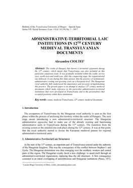 Administrative-Territorial Laic Institutions in 12Th Century Medieval Transylvanian Documents