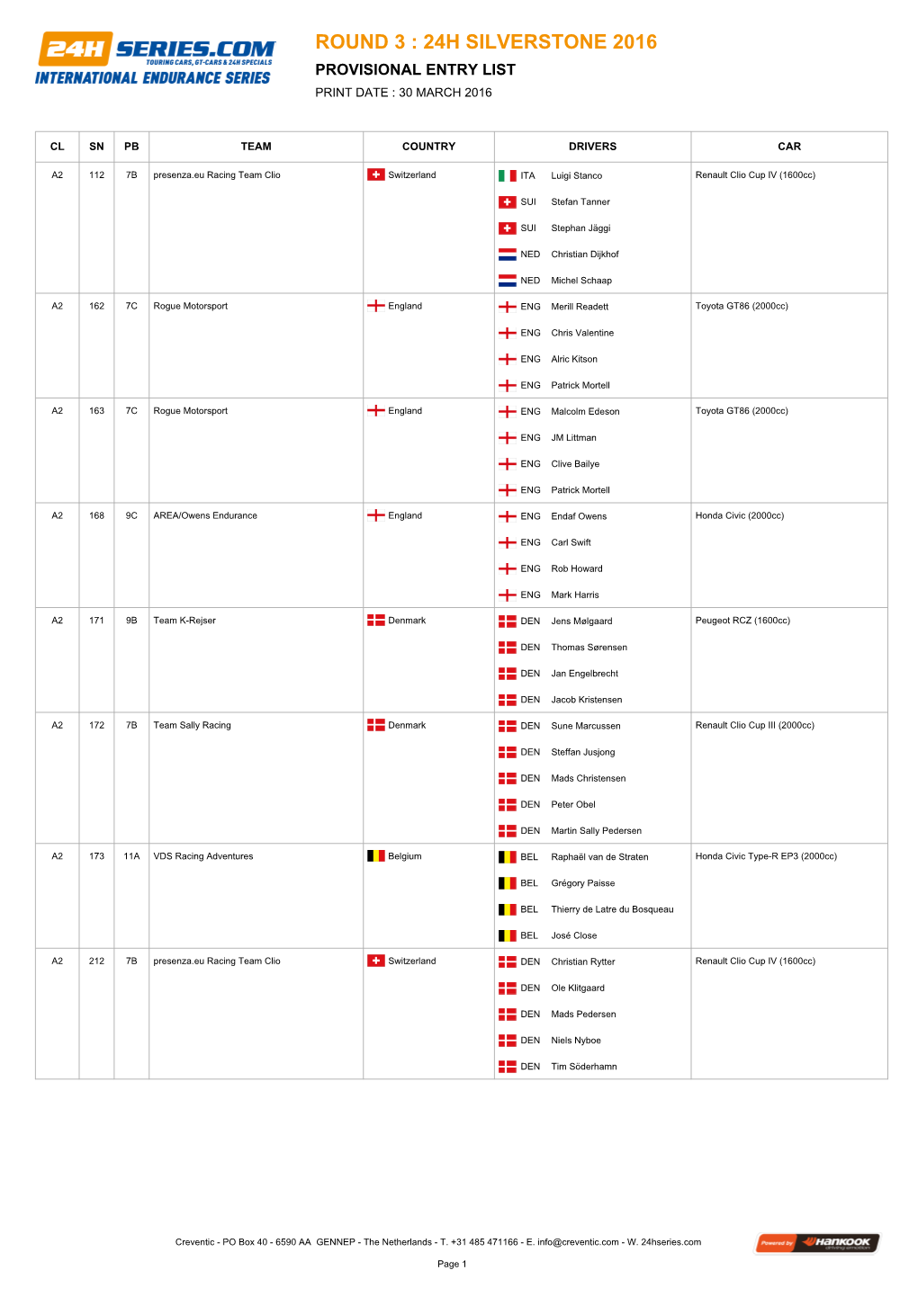 Round 3 : 24H Silverstone 2016 Provisional Entry List Print Date : 30 March 2016