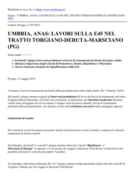 Umbria, Anas: Lavori Sulla E45 Nel Tratto Torgiano-Deruta-Marsciano (Pg)