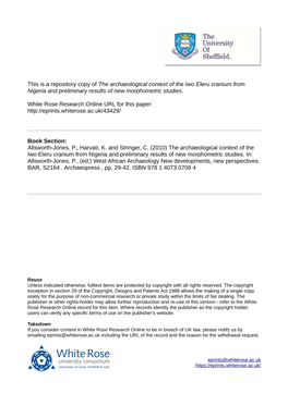 The Archaeological Context of the Iwo Eleru Cranium from Nigeria and Preliminary Results of New Morphometric Studies