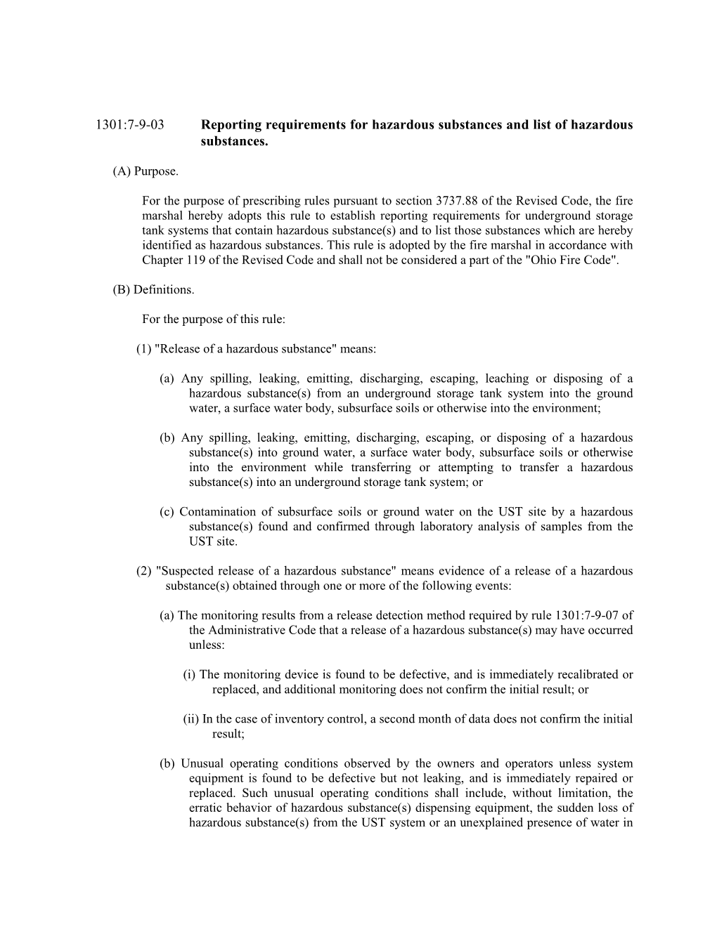 Reporting Requirements for Hazardous Substances and List of Hazardous Substances