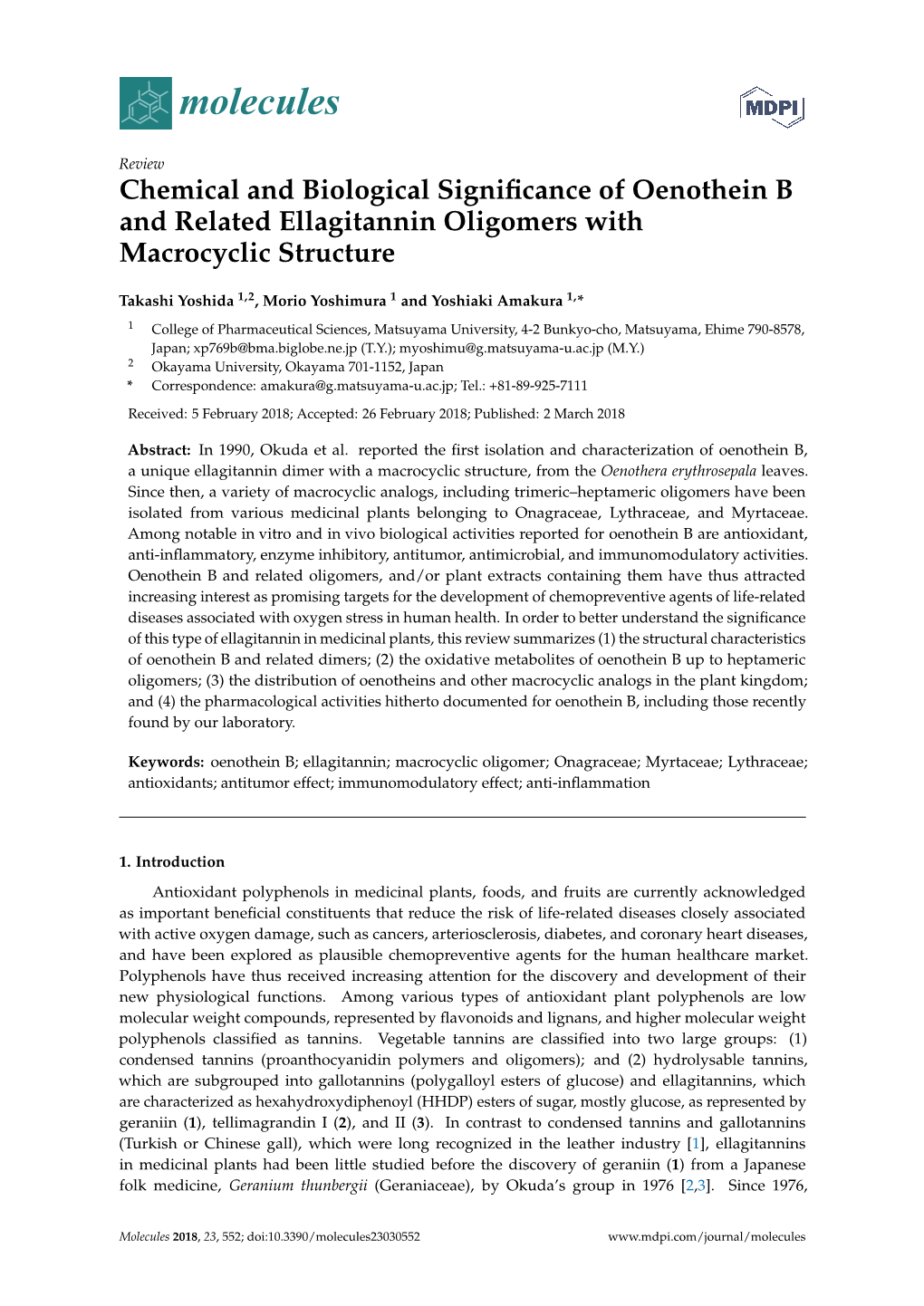 Chemical and Biological Significance of Oenothein B and Related