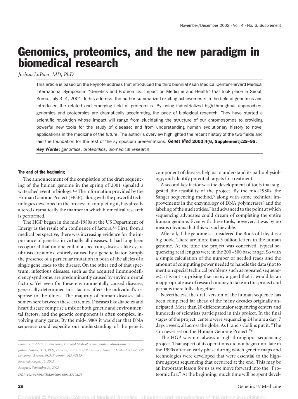 Genomics, Proteomics, and the New Paradigm in Biomedical Research