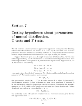 Section 7 Testing Hypotheses About Parameters of Normal Distribution. T-Tests and F-Tests
