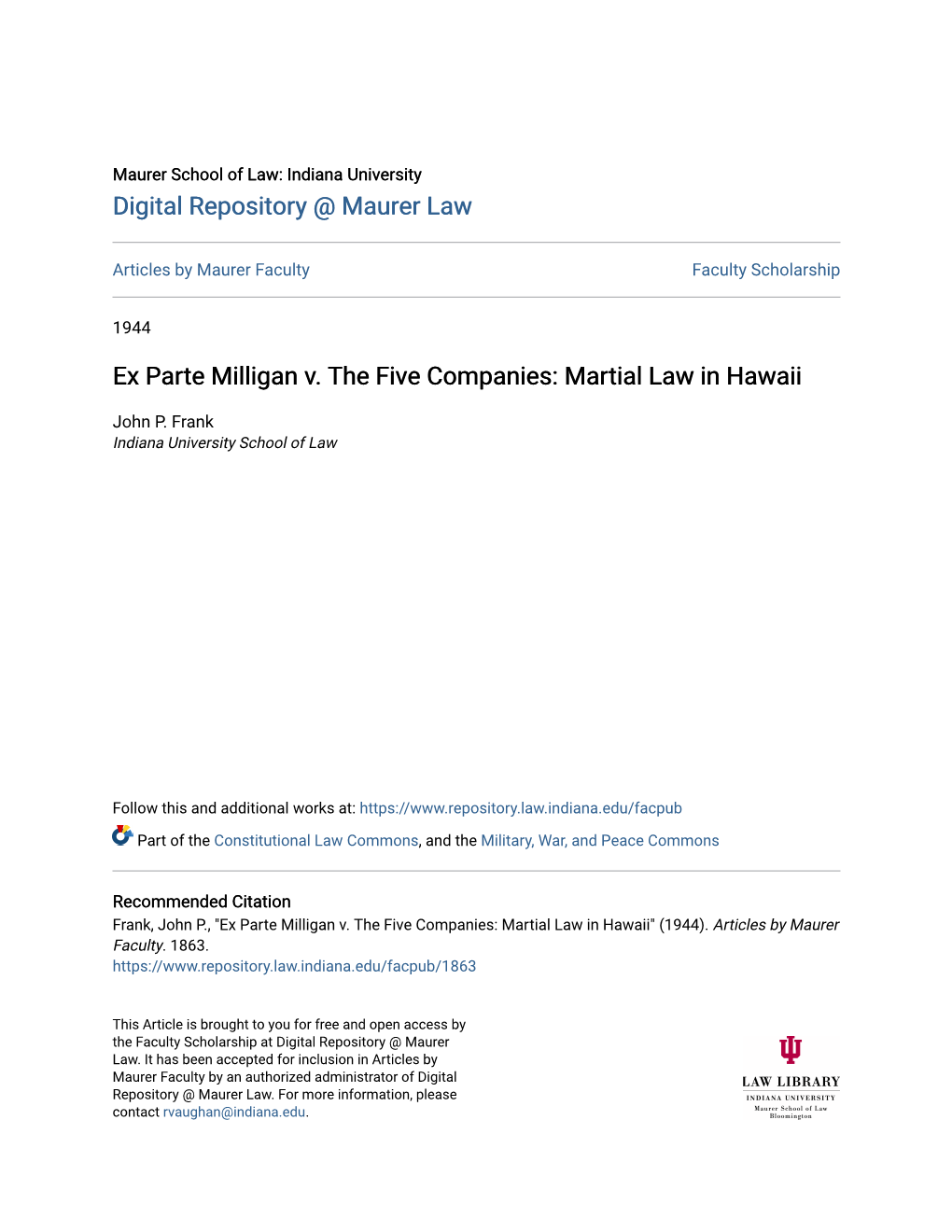 Ex Parte Milligan V. the Five Companies: Martial Law in Hawaii