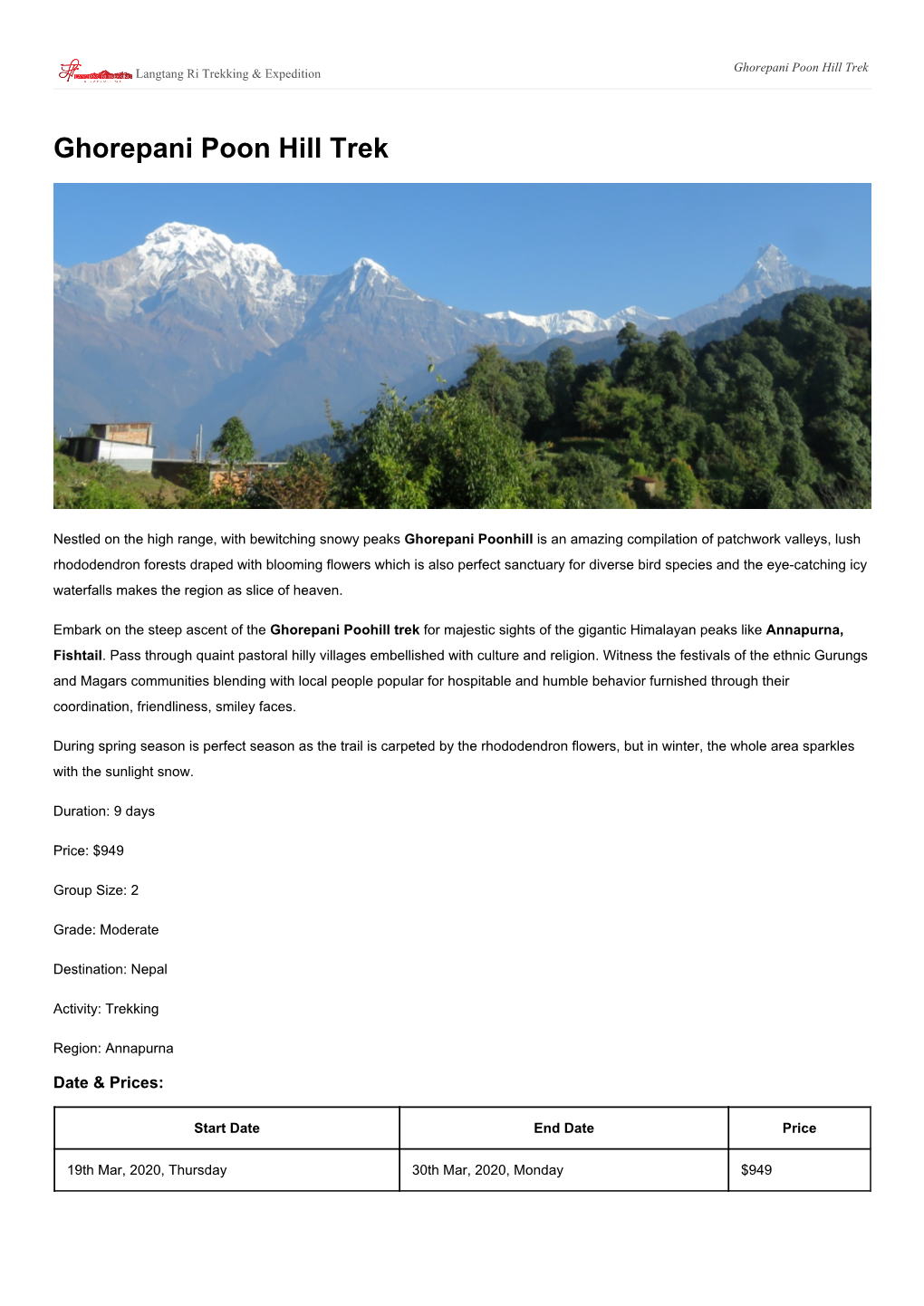 Ghorepani Poon Hill Trek Langtang Ri Trekking & Expedition