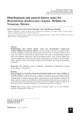 Distributional and Natural History Notes for Bromeliohyla Dendroscarta (Anura: Hylidae) in Veracruz, Mexico