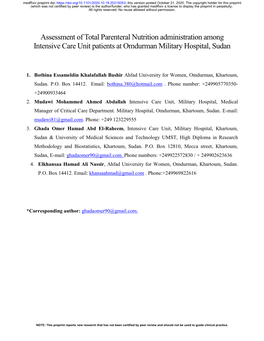 Assessment of Total Parenteral Nutrition Administration Among Intensive Care Unit Patients at Omdurman Military Hospital, Sudan