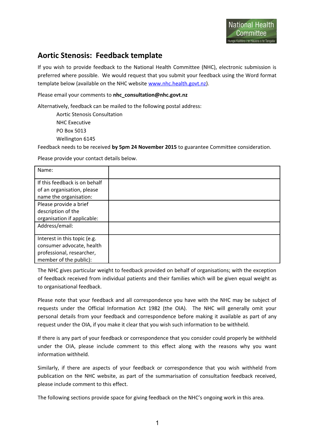 Aortic Stenosis: Feedback Template