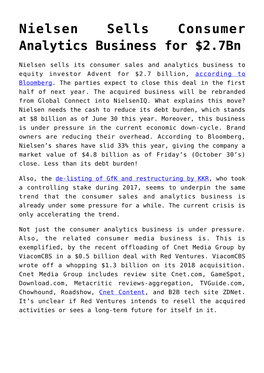 Nielsen Sells Consumer Analytics Business for $2.7Bn