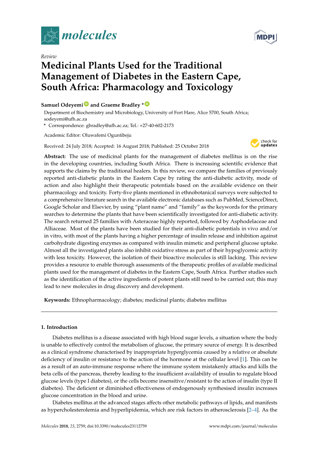 Medicinal Plants Used for the Traditional Management of Diabetes in the Eastern Cape, South Africa: Pharmacology and Toxicology