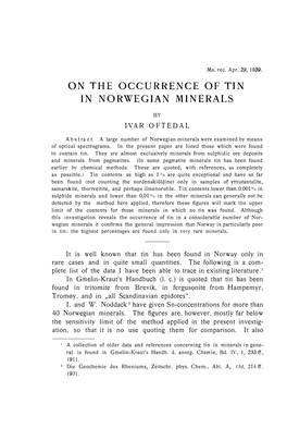 On the Occurrence of Tin in Norwegian Minerals