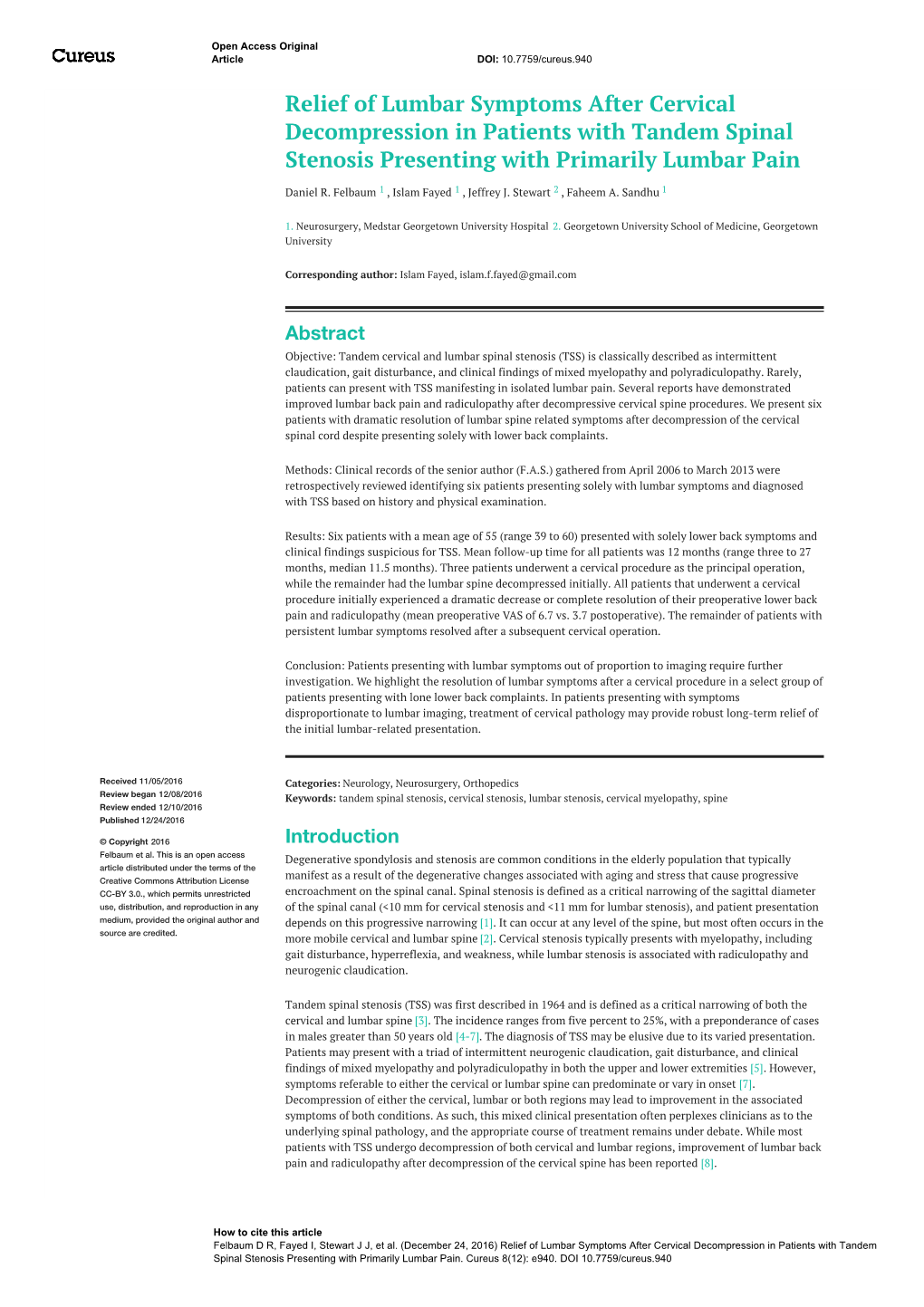 Relief of Lumbar Symptoms After Cervical Decompression in Patients with Tandem Spinal Stenosis Presenting with Primarily Lumbar Pain