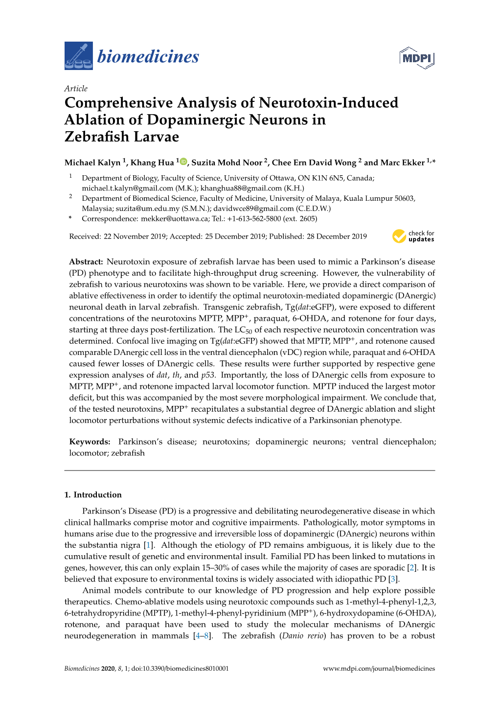 Comprehensive Analysis of Neurotoxin-Induced Ablation of Dopaminergic Neurons in Zebraﬁsh Larvae
