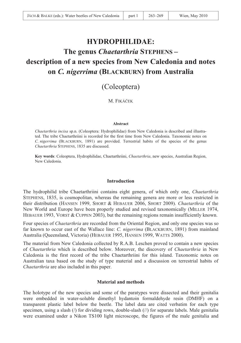 HYDROPHILIDAE: the Genus Chaetarthria STEPHENS – Description of a New Species from New Caledonia and Notes on C