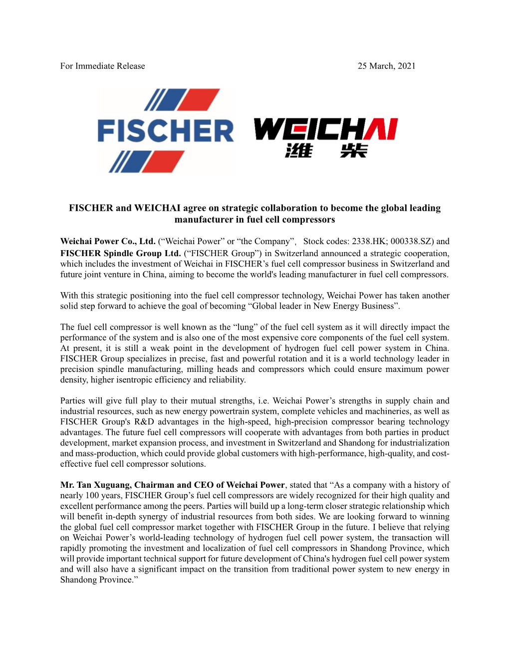 FISCHER and WEICHAI Agree on Strategic Collaboration to Become the Global Leading Manufacturer in Fuel Cell Compressors